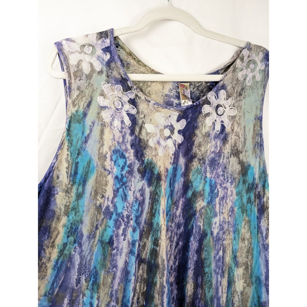 Y2K Earthy Tie Dye Floral Embroidered Dress Blue Purple Boho Hippie Indie Grunge - Picture 4 of 10